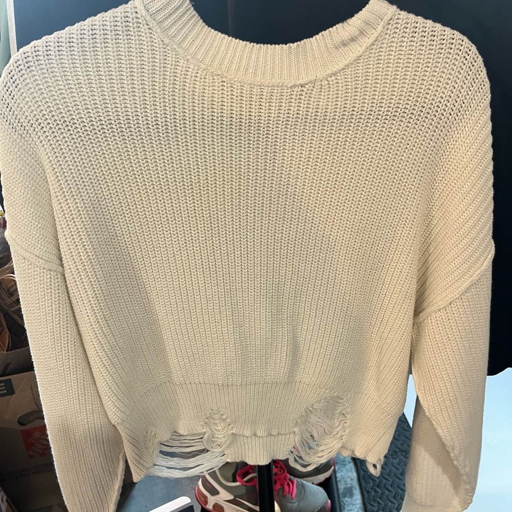 Forever 21 White Distressed Knit Sweater
